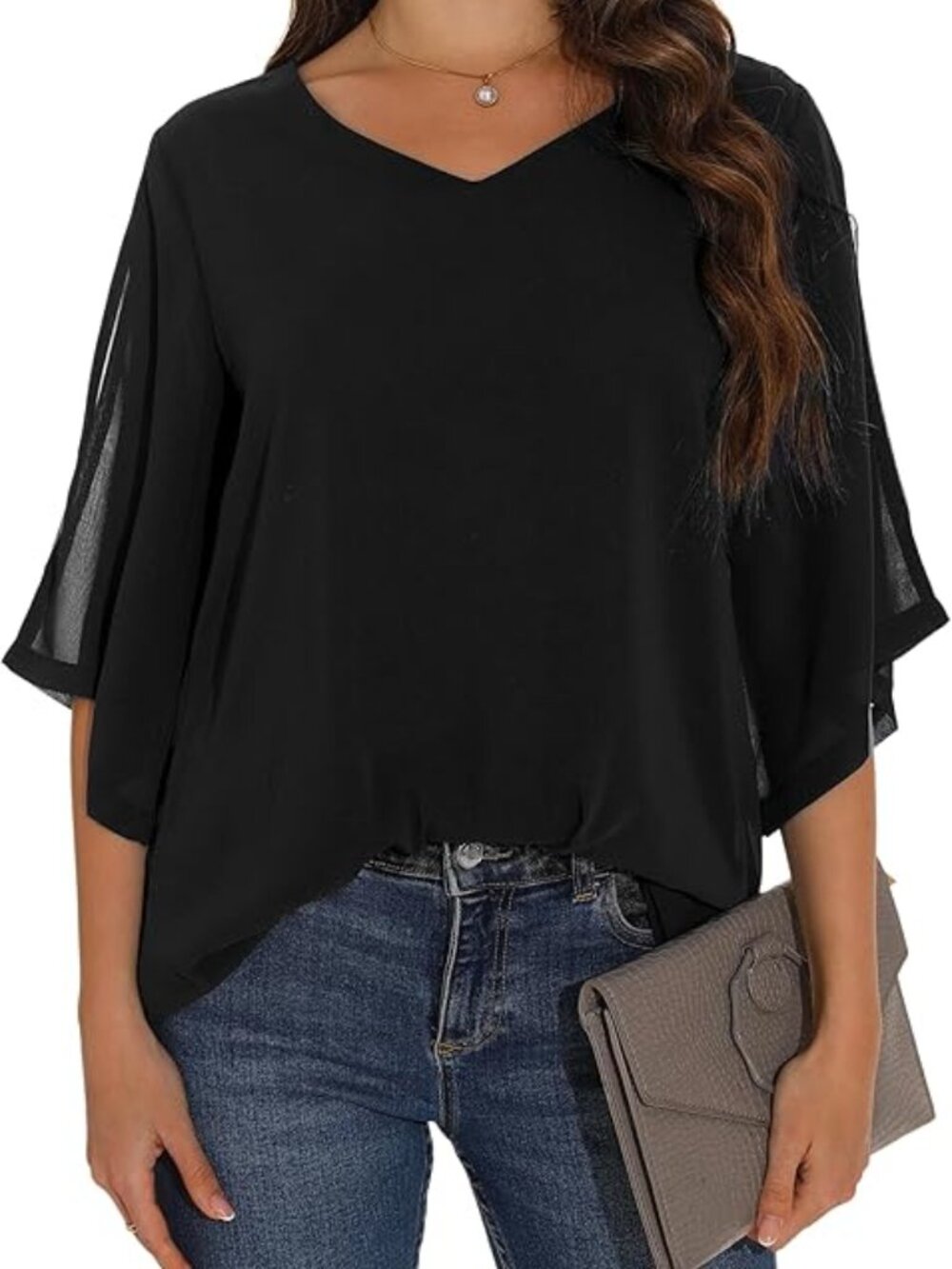 NEW W/O TAGS Black XL Women's 3/4 Sleeve Chiffon Tops Casual V Neck Double Layer